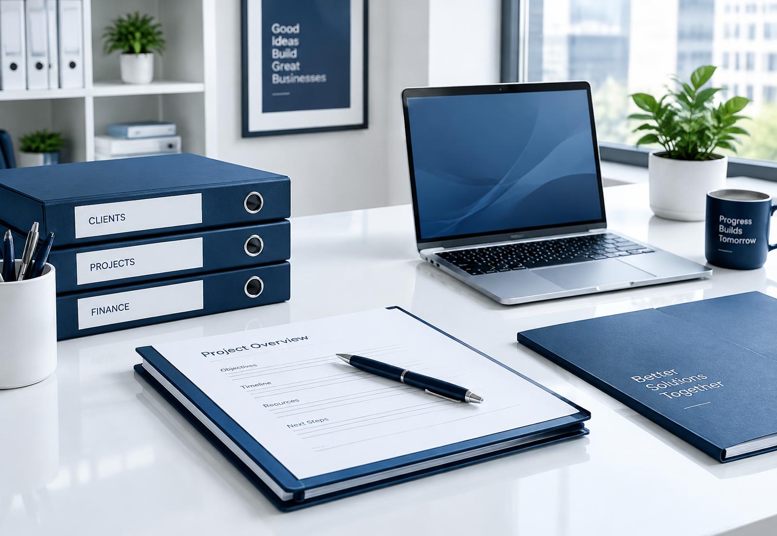 Mesa de escritório com pastas e documentos organizados